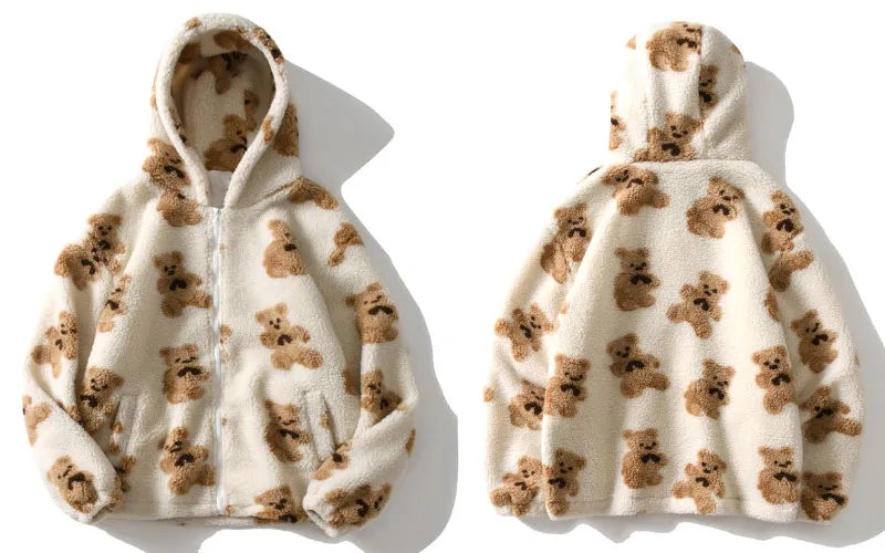 Fashion Bear Print Full Zip Hooded Coat