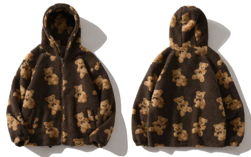 Fashion Bear Print Full Zip Hooded Coat