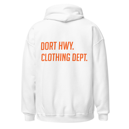 Dort Hwy. Clothing Dept. Orange Font Unisex Hoodie