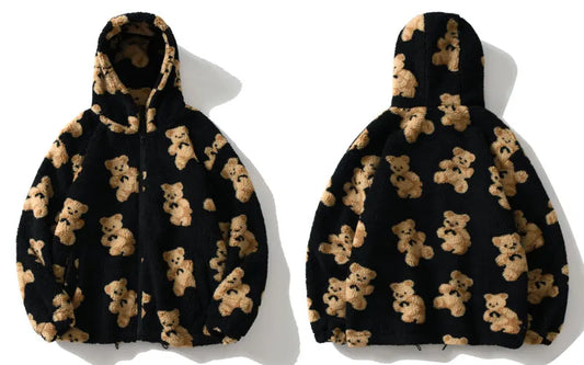 Fashion Bear Print Full Zip Hooded Coat